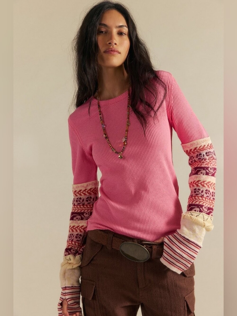 WE THE FREE All In Cuff Long Sleeve Thermal Tee Patterned Sleeves Blush Combo